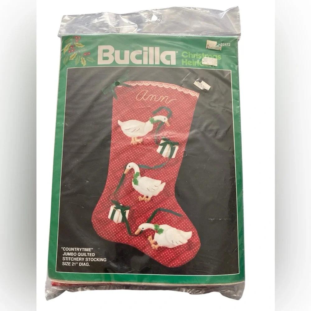 Vintage Bucilla ‘Countrytime’ Red Christmas Stocking Kit with White Geese
